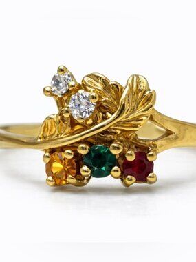Vintage Gold plated Leaf Multi simulated gemstone Ring Accents Size 6 retro Y2K